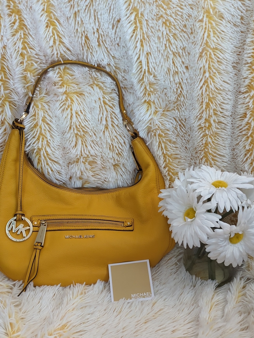 ❣️👜Michael Kors Rhea Mustard Yellow Leather Shoulder Bag with MK Charm👜❣️